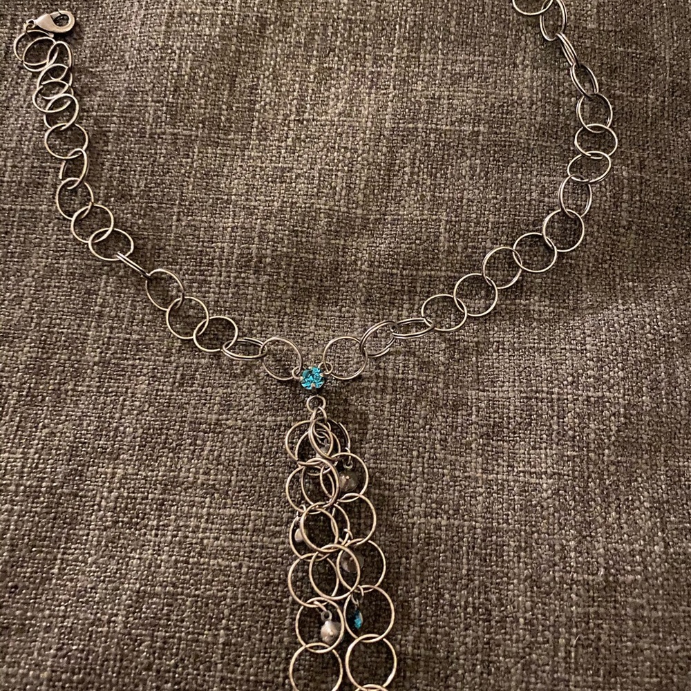Silver link choker with teal rhinestones